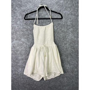 Papermoon Romper Womens Medium White Smocked Halter Drawstring Waist Linen Blend